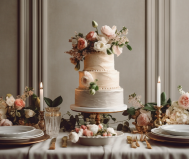 A table set up with a floral arrangement featuring a three-layered cake, with candles and utensils.