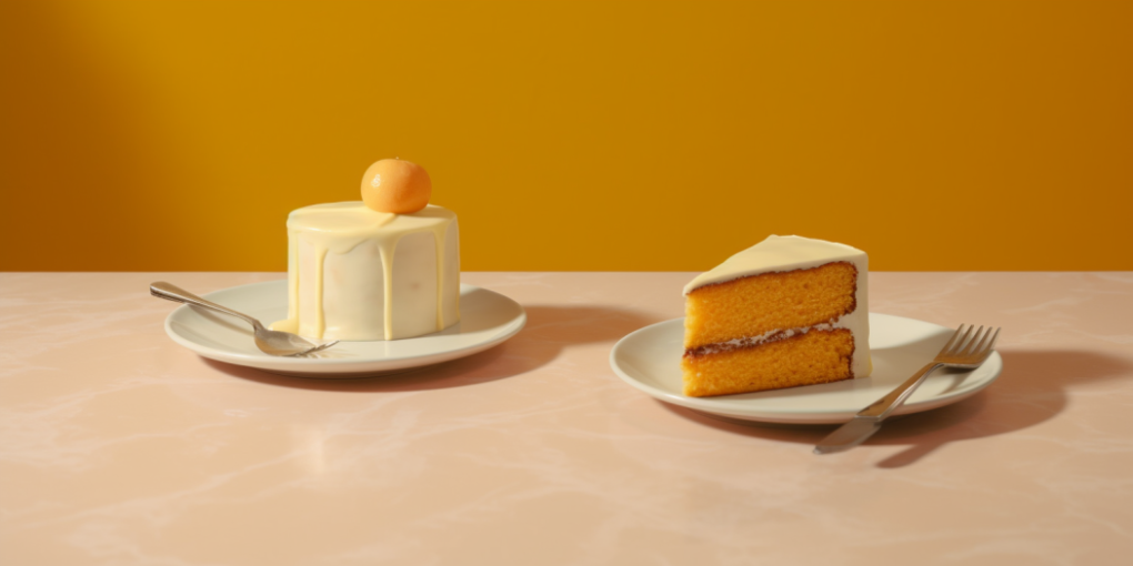 Two cakes displayed, one cake is white in color while the other cake is sliced.
