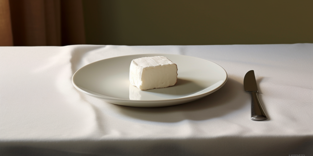 Cream cheese on a plate with a knife next to it, placed on a table.