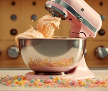 Pink stand cake mixer with cake batter and sprinkles scattered all over.