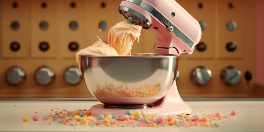 Pink stand cake mixer with cake batter and sprinkles scattered all over.