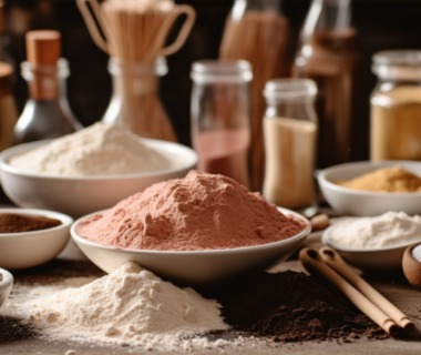 Various powders on a tabletop, surrounded by various baking tools and containers