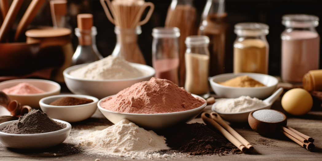 Various powders on a tabletop, surrounded by various baking tools and containers