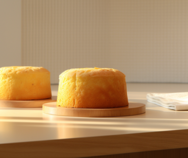 Three unfrosted yellow cakes placed on the kitchen countertop