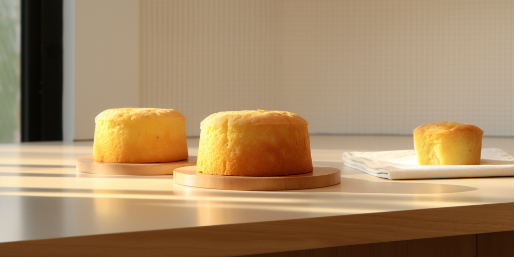 Three unfrosted yellow cakes placed on the kitchen countertop