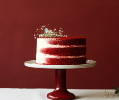 A round red velvet cake placed on a cake stand with flowers against a vibrant red background.