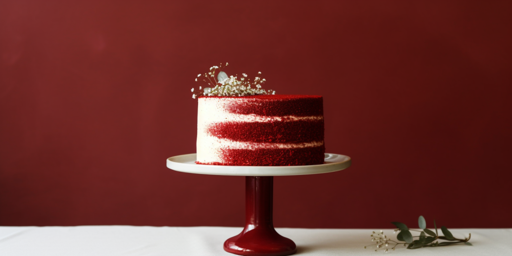 A round red velvet cake placed on a cake stand with flowers against a vibrant red background.