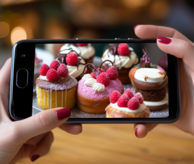 A hand with red nails holding a phone in a landscape orientation, with images of cakes displayed on the phone screen.