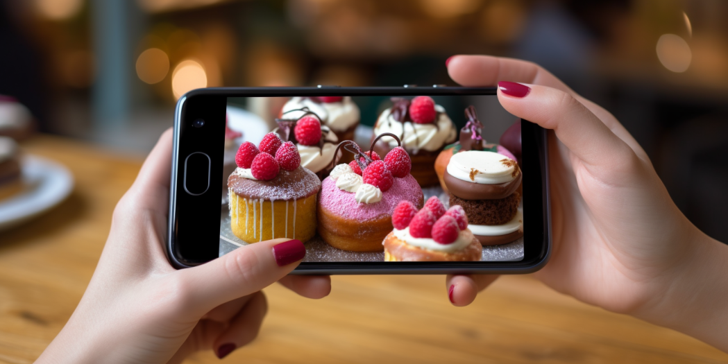 A hand with red nails holding a phone in a landscape orientation, with images of cakes displayed on the phone screen.