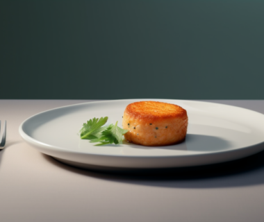 Fish cake on white plate with herbs accompanied by a fork on the left side.