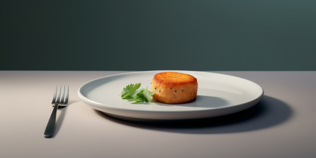 Fish cake on white plate with herbs accompanied by a fork on the left side.