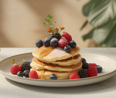 Pancake with berries on a plate and a side bowl of syrup