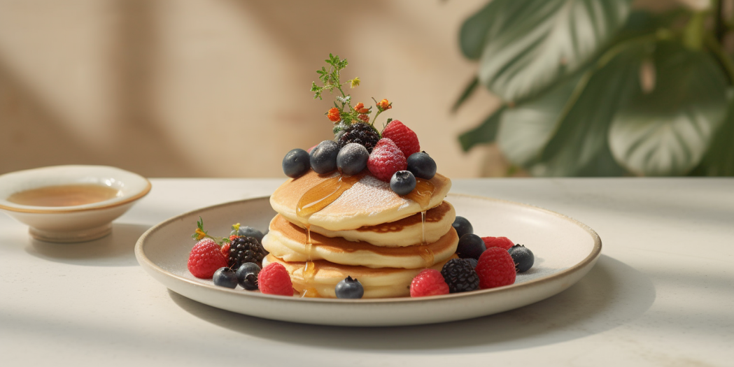 Pancake with berries on a plate and a side bowl of syrup