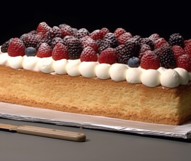 A half-sheet cake on a plate with a knife