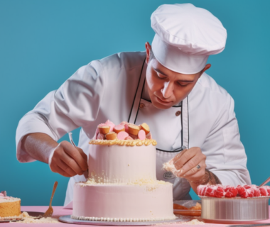 A chef applying frosting on a 2 layer-cake