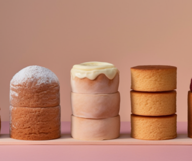 Various unfrosted cakes displayed on the table.