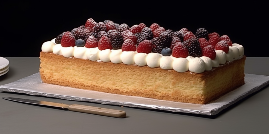 A half-sheet cake on a plate with a knife