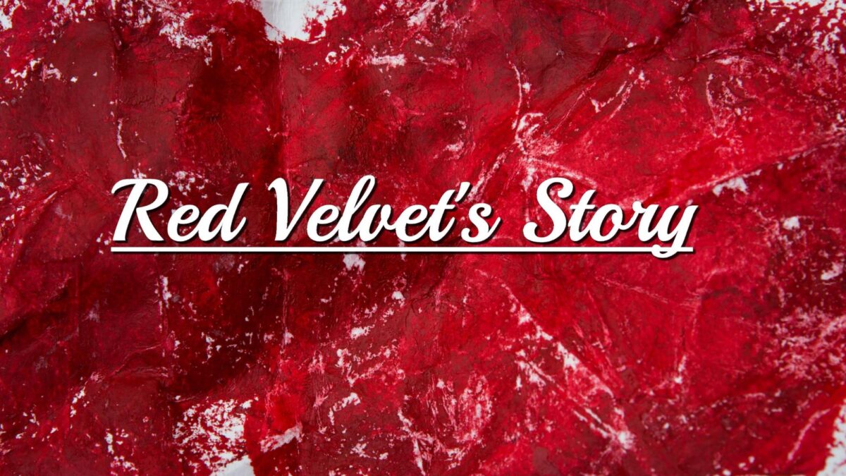 a red velvet's story logo over a red background.