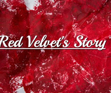 a red velvet's story logo over a red background.