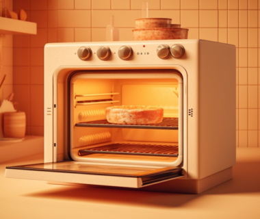 A cake placed inside an open oven.