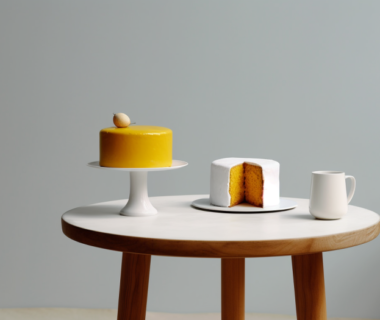 Two cakes presented on separate cake stands, one cake in yellow and the other cake in white.