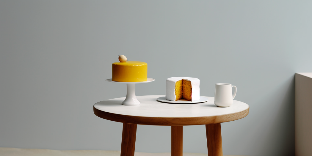 Two cakes presented on separate cake stands, one cake in yellow and the other cake in white.