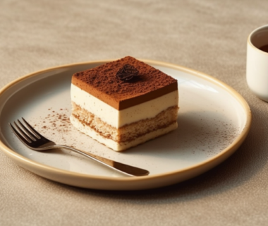 Image of a square slice of tiramisu on a round plate, with a fork and a cup of drink beside.