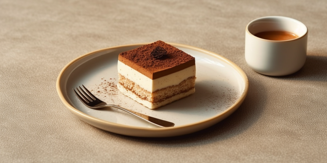Image of a square slice of tiramisu on a round plate, with a fork and a cup of drink beside.
