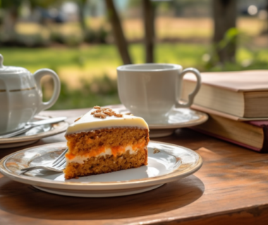 Carrot cake slice, book, and coffee on outdoor table.