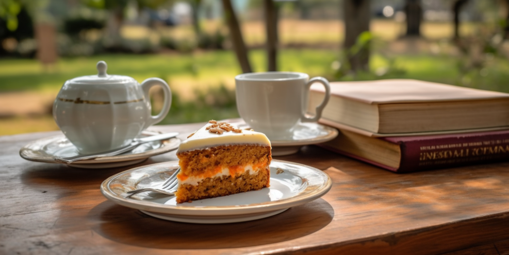 Carrot cake slice, book, and coffee on outdoor table.