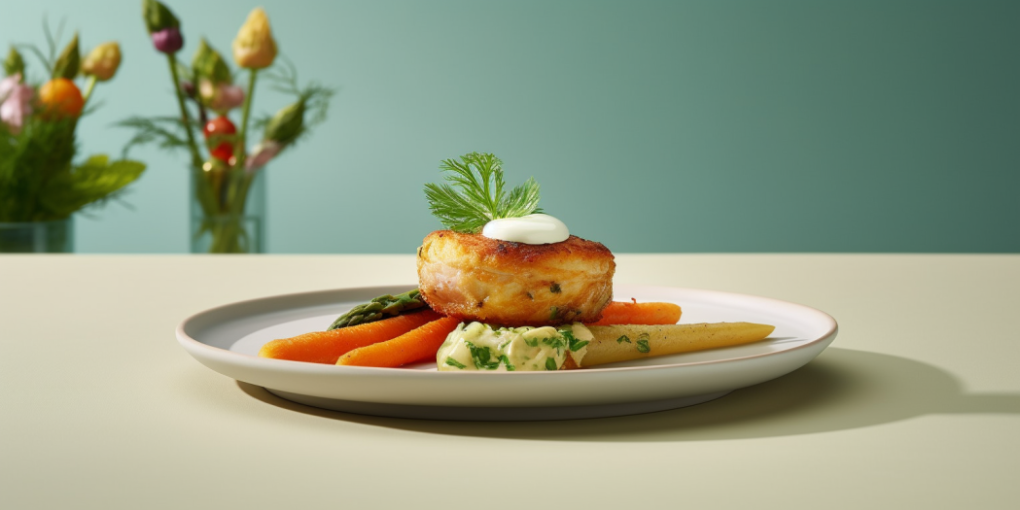 A plate with a fish cake served on top of various vegetables