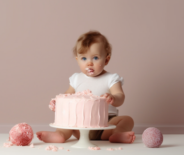 A sitting baby smashing a smash cake.