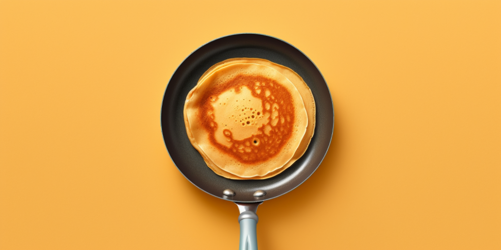 A simple pancake in a rounded cooking pan, presented against a vibrant yellow background.