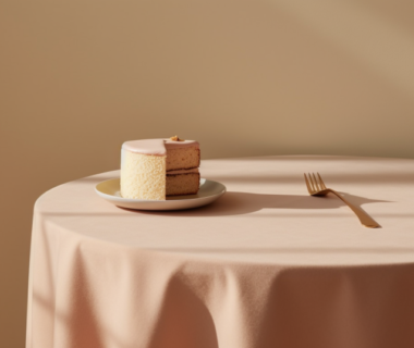 A partially sliced cake placed on a table alongside a fork.