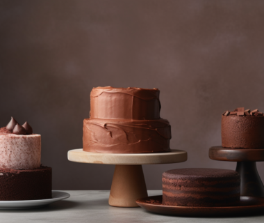 An assortment of chocolate cakes displayed on the table.