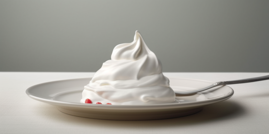 Whipped cream on a plate with a knife next to it, placed on a table.