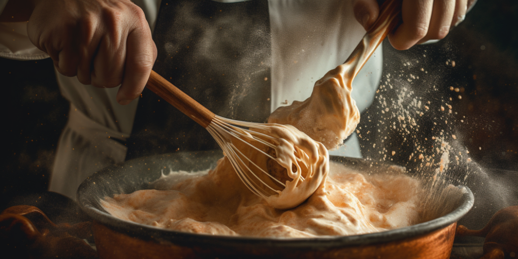 A chef mixing a baking batter in a bowl using a whisk and a spatula.