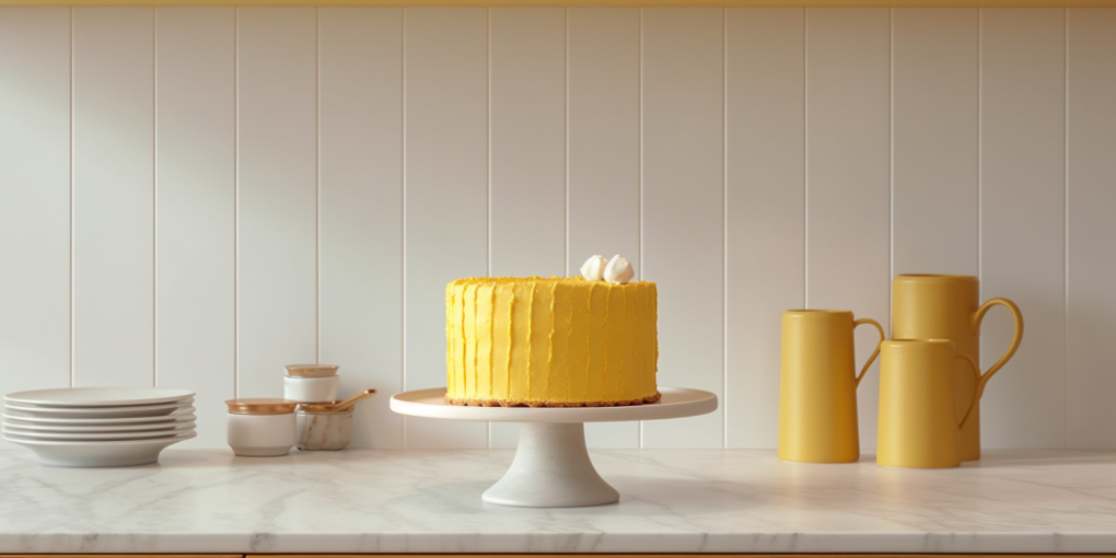 Image of a yellow cake on a cake stand accompanied by plates, a pitcher, and other kitchen containers