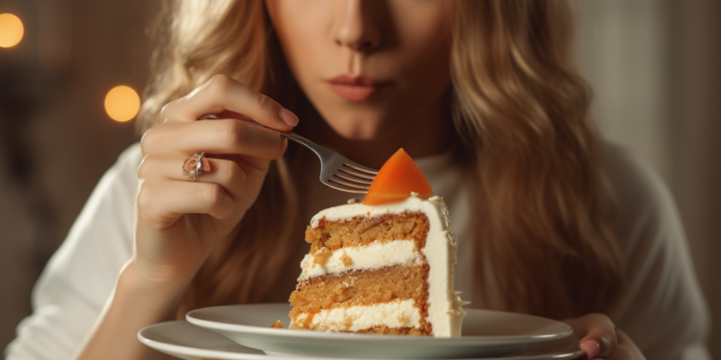 Woman using a fork to get the carrot from the top of a slice of carrot cake