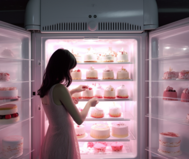 A girl putting an ice cream cake in a fridge filled with more ice cream cakes.