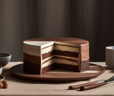 A tuxedo cake displayed on a table set with utensils, bowls, and a mug.