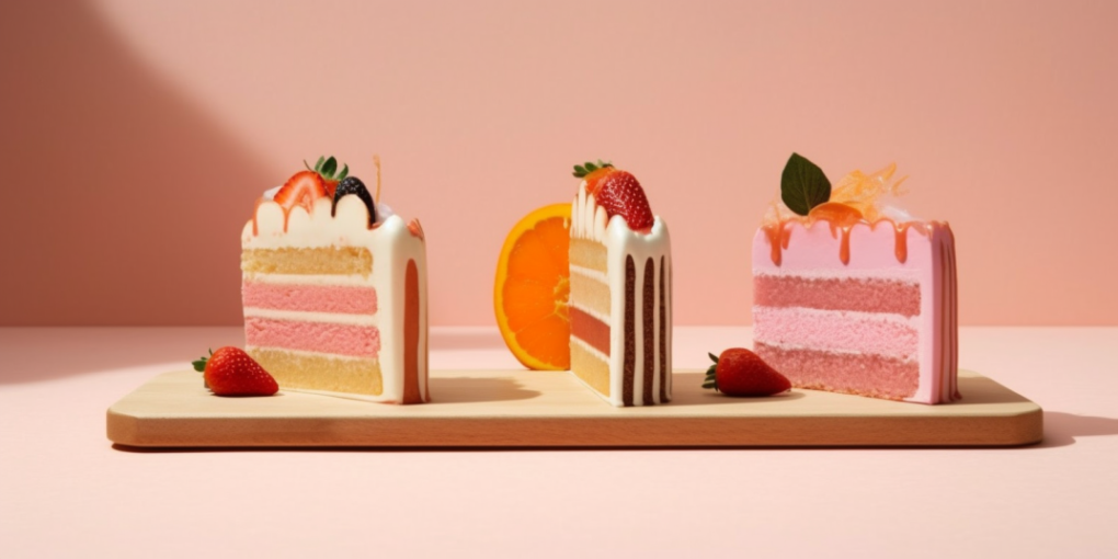 Three slices of different cakes with strawberries and a slice of orange