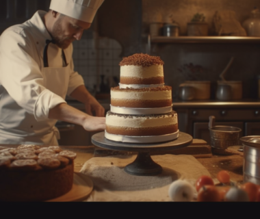 Chef preparing a 3-layered spice cake inside a kitchen