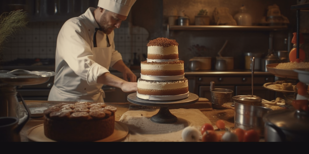 Chef preparing a 3-layered spice cake inside a kitchen