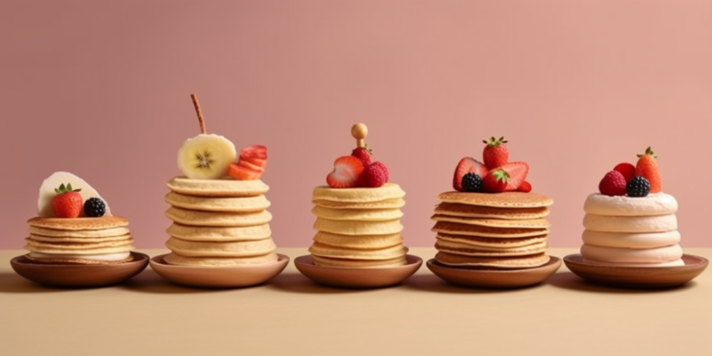 Various pancakes topped with fruits, showcased on a table against a pink background.