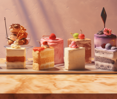 Various types and flavors of cakes displayed on top of a table
