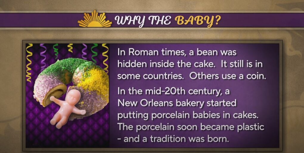 a text piece explaining the meaning of a plastic baby figurine inside the king cake